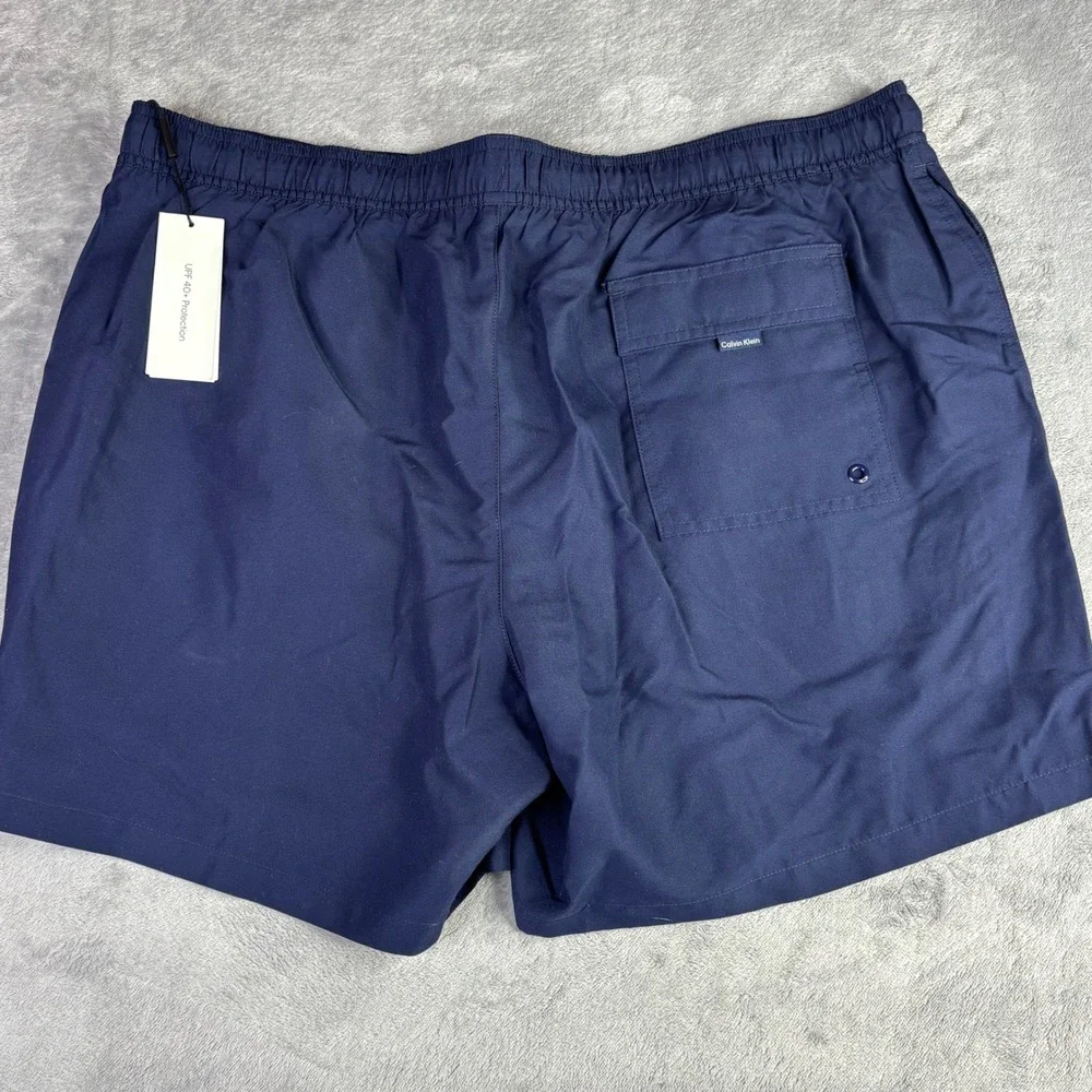 Calvin Klein Swim Trunks Men XXL Navy Blue Logo Graphic UPF 40+ CB3DP009 NWT